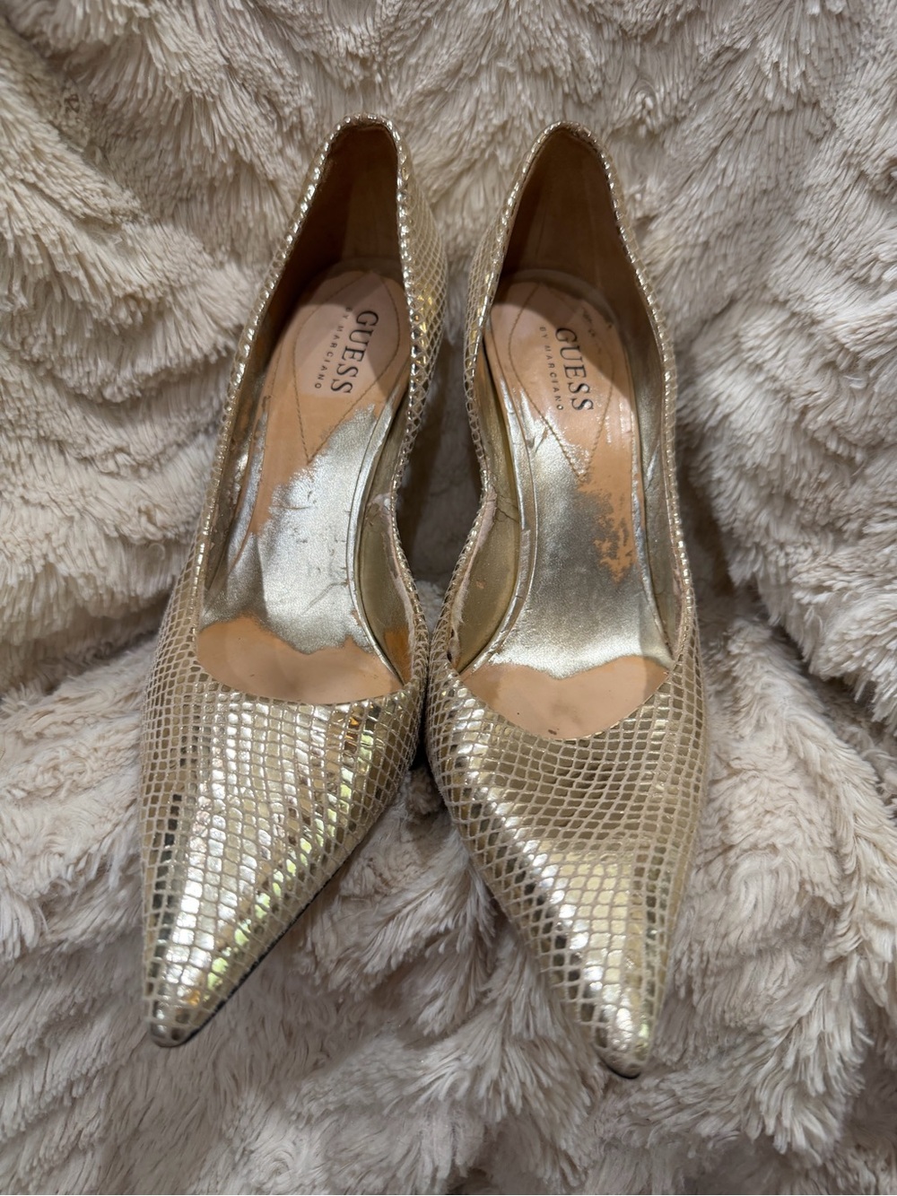 Guess by Marciano Gold Snakeskin-Textured Pointed Pumps